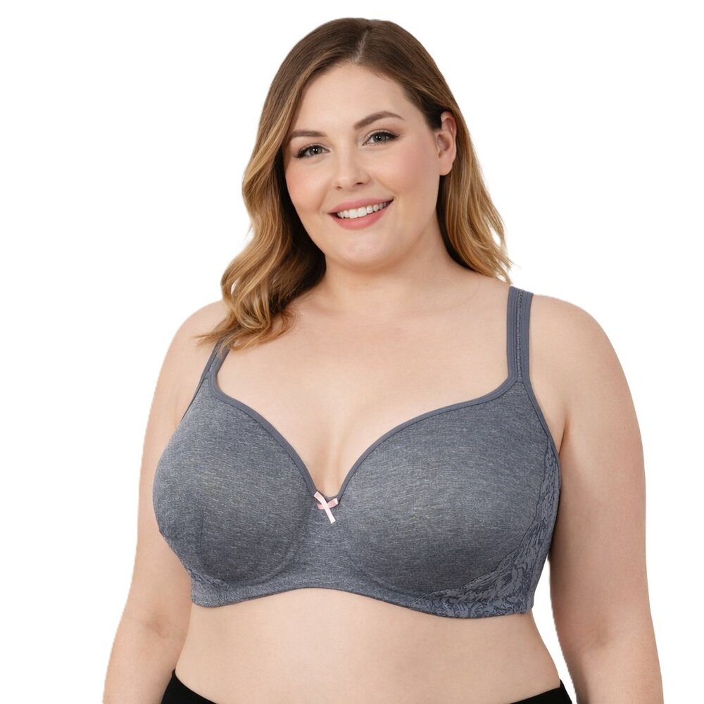 Cacique 46DD Lightly Lined Balconette Bra Gray Heather Lace Detail